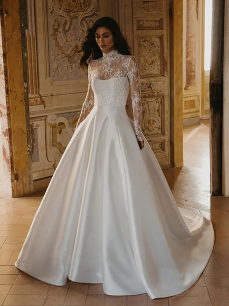 Ballgown wedding dress with lace long sleeves and scoop neckline