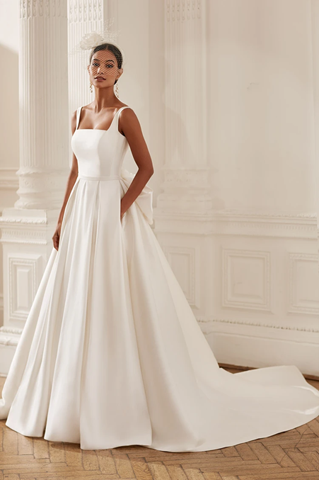 Simple satin ballgown wedding dress with square neckline and long train
